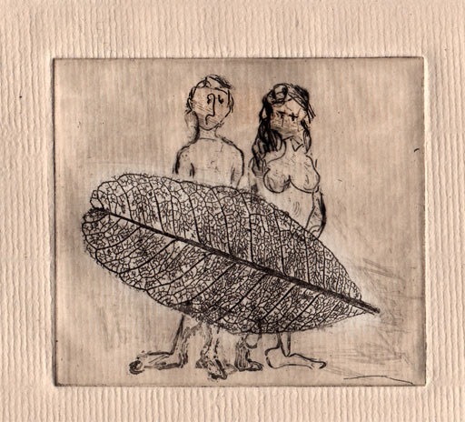 adam and eve etching with fig leaf