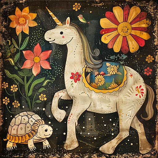 unicorn with a tortoise, naive painting