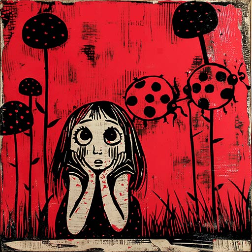 ladybug frightened girl, woodcut block