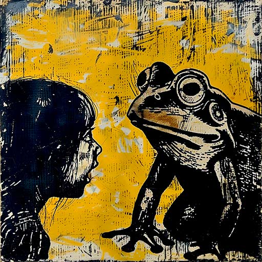 frog and girl, woodcut, german expressionism